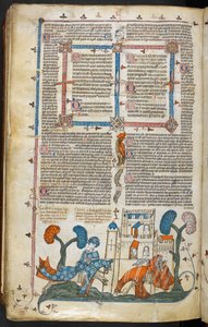 Royal MS 10 E IV f.313v, basdepage scéna jednoho rytíře, jak sundává koně druhému před hradem, cca 1300-40 (pero, inkoust a tempera na pergamenu) od French School