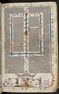 Royal MS 10 E IV f.66r, basdepage scéna rytíře na koni vycházejícího z hradu, cca 1300-40 (pero, inkoust a tempera na pergamenu) od French School