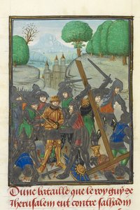 Royal MS 15 E I, f. 433v, Porážka Guye z Lusignanu Saladinem a ztráta kříže, z 