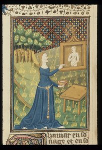 Royal MS 16 G V f.068v Stránka z De claris mulieribus v anonymním francouzském překladu (Le livre de femmes nobles et renomées) od Giovanniho Boccaccia, kolem 1440 (barva a zlato na pergamenu) od French School