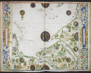 Royal MS 20 E IX f.11v až f.12r Mapa pobřeží Asie a Afriky od mysu Comorin po mys Delgado, včetně Perského zálivu a Rudého moře, z knihy 