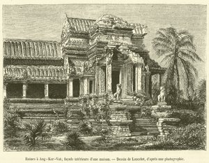 Ruiny v Angkor-Vat, vnitřní fasáda domu (rytina) od French School