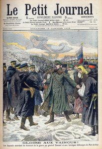 Rusko-japonská válka 1904-1905: Japonci umožnili generálu Stoesselovi a ruským obráncům Port Arthur čestnou kapitulaci. Z Le petit Journal, Paříž od French School