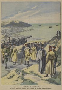 Ruský admirál Jevgenij Aleksejev na návštěvě budované obrany v Port Arthur, Mandžusko, v předvečer rusko-japonské války (barevné lito) od French School
