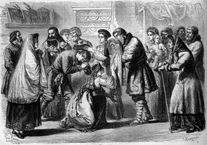 Ruský zvyk - Svatba - 1860: předsvatební obřad. Kmotr a kmotra žehnají budoucím manželstvím. Kmotr jim předkládá obraz Krista nebo Panny, symbol náboženského zasvěcení. Kmotřička drží chléb a sůl nad hlavou od French School