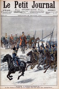 Rusko-japonská válka 1904-1905 – Kozáci oslavující cara Mikuláše II. před odjezdem na Dálný východ bojovat s Japonci v „Le Petit Journal“, 28. února 1904 (rytina) od French School