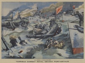 Rusko-japonská válka: námořní bitva u Port Arthuru (barva litho) od French School