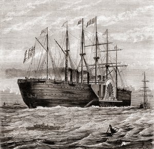 SS Great Eastern, železná plachetní parní loď navržená Isambard Kingdom Brunelem, z Les Merveilles de la Science, publikovaná kolem roku 1870 (rytina) od French School