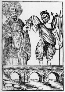 Svatý Cado (nebo Cadoc nebo Catuod nebo Catoc nebo Cazut nebo Cadochus) legendární svatý Christian dává kočku ďáblovi výměnou za stavbu mostu - oblíbené obrázky Perret od French School