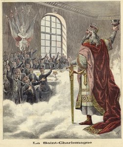 Svatý Karel Veliký zvedá kalich sedícím stolovníkům od French School