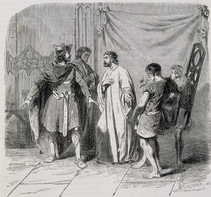 Svatý Eloi a Dagobert: Dagobert byl ohromen, když mu Eloi představila druhé křeslo - grav. 19. století od French School