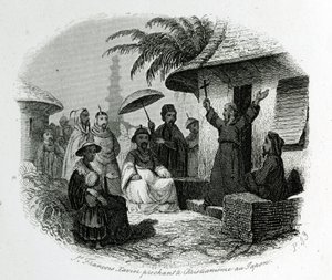 Svatý František Xaverský káže křesťanství v Japonsku. Rytina k ilustraci historie a popisu Japonska od Pere de Charlevoix, redaktoři A.Mame et Compagnie, Tours od French School