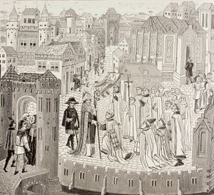 Saint Gaugericus, biskup z Cambrai, přijíždějící do města ke svému jmenování, z knihy „Vojenský a náboženský život ve středověku“ od Paula Lacroixe, vydaná v Londýně kolem roku 1880 od French School