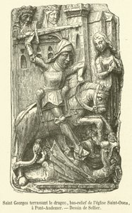 Saint George zabíjející draka, basreliéf kostela Saint-Ouen, v Pont-Audemer (rytina) od French School