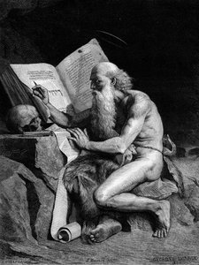 Svatý Jeroným v poušti. Rytina podle obrazu Georgese Sauvage (Auguste Albert Georges Sauvage dit) (19. století). Rytina v „“ Le Monde Illustré““ č. 1196 z 28. února od French School