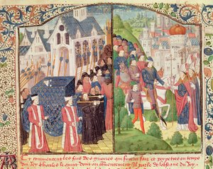 Pohřeb svatého Ludvíka v Paříži v roce 1270 a Příjezd Karla V. do Remeše v roce 1364, aby byl v katedrále korunován králem, z rukopisu 