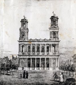 Kostel Saint Sulpice, Paříž - "Alphabet Picturesque des Monumens de Paris" c.1840 (rytina) od French School