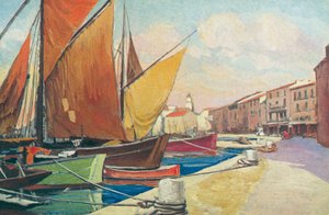 Saint Tropez: Plachetnice v přístavu (barevná litografie) od French School