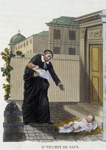 Svatý Vincent de Paul vítá opuštěné děti před kostelem. od French School