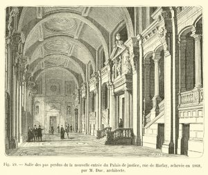 Salle des pas perdus u nového vchodu do Palais de Justice, rue de Harlay, dokončena v roce 1868, M Duc, architekt od French School