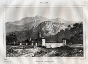 Benediktinské opatství Santa Maria di Vallombrosa nacházející se v obci Reggello, v Toskánsku - Opatství Vallombrosa - Rytina z „“Itálie malebné”” - Historická a popisná malba Itálie”” od M. de Norvinse, Ch. Nodier 1834-1836. od French School