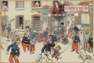 Satira na zavedení branné povinnosti do francouzské armády. Ilustrace pro Le Rire (barevné lito) od French School