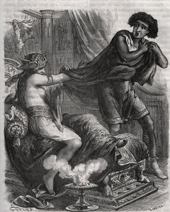 Scéna z Bible: „“ Chytila příliš ctnostného mladého muže za jeho tuniku“““. Manželka Putifara (Pótifar) se snaží svést Josefa, otroka faraona. Rytina z roku 1871 v „Histoire Des Cocus Celebres““ od Henryho de Kocka (1819-1892). od French School