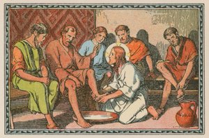 Scéna z Ježíšova života (barevná rytina) od French School