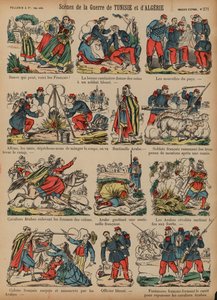 Scény z francouzských koloniálních válek v Alžírsku a Tunisku (barevná rytina) od French School