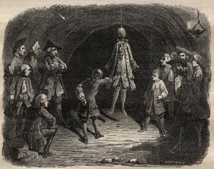 Škola zlodějů vytvořená lupičem Louisem Dominique Garthausen dit Cartridge (1693-1721) v kariéře v Paříži: model visící u stropu, jehož kapsy by se měly vyprázdnit bez pohybu pod trestem za deště výstřelů - Škola zlodějů od French School