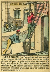 Školy, ilustrující přínos třetí republiky pro rozvoj vzdělávání na školách. Rytina, v „“Le Figaro, příloha““, 30. 3. 1889, Paříž. Kol. Selva. od French School