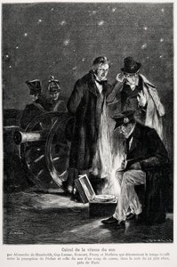 Vědecký experiment: výpočet rychlosti zvuku od Humboldta, Louise-Josepha Gay-Lussace (Louis Joseph Gay Lussac), Bouvarda, Pronyho a Mathieua, který určuje dobu, která uplyne mezi vnímáním světla a výstřelem z pistole, v noci od French School