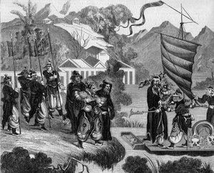 Druhá opiová válka mezi Francií, Anglií a Čínou (1858-1860): Čínská karikatura konfliktu. Loď je připravena přiblížit se k pobřeží pod posměšným pohledem skupiny Číňanů. Na palubě lodi dvě postavy představující Francii (vlevo) a Engl od French School