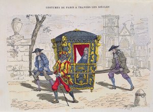 Sedanová židle v šestnáctém století, z Costumes de Paris a Travers les Siecles, vydáno 1887 (barevná rytina) od French School