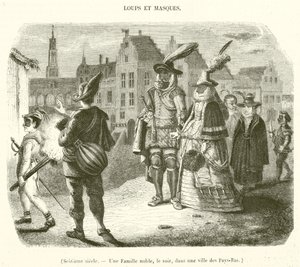 Šestnácté století, Šlechtická rodina večer ve městě v Nizozemsku (rytina) od French School