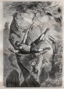 Selkirk se válel se svou kořistí nahoru a dolů; dobrodružství Alexandra Selkirka (Alexander Selcraig) (1676-1721), skotského námořníka opuštěného na ostrově Juan-Fernandez v Tichém oceánu na čtyři roky, jehož dobrodružství inspirovalo román Daniela Defoea  od French School