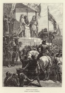 Serment ve Štrasburku. Přísaha Štrasburku, aliance mezi Ludvíkem Němcem a Karlem Plešatým, králi východní a západní Francie, 842 (rytina) od French School