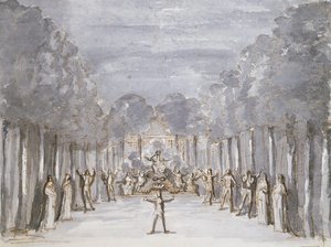 Scénografie pro operu z kolekce s názvem Les Menus Plaisirs du Roi (pero, inkoust a wc na papíře) od French School