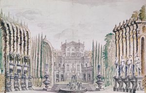 Scénografie paláce pro divadlo, cca 1660-80 (pero & inkoust a wc na papíře) od French School