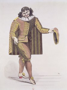 Sganarelle v LEcole des Maris od Moliera, premiéra 24. června 1661 v Palais-Royal Theatre v Paříži (pero, inkoust a wc na papíře) od French School