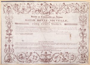 Podílový list na 500 franků pro Bazar Bonne-Nouvelle, 1836 od French School