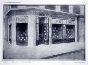 Přední strana obchodu, deska 4, ilustrace z Devantures de Boutiques od Louis-Pierre Sezille, Paříž, 1927 od French School