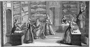 Obchod „módního obchodníka“ v 18. století. Rytina v „La Marine et les colonies: commerce“ od French School