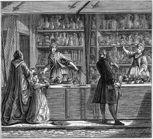 Prodejna cínového hrnčíře v 18. století. Rytina v „La Marine et les colonies: commerce“ od French School