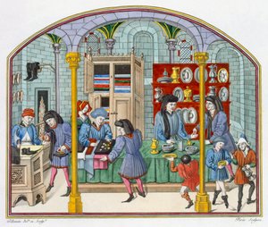 Obchody pod krytým trhem podle miniatury v překladu Aristotelovy knihy Etika a politika ze 14. století od Nicolase Oresma (asi 1323–1382) od French School