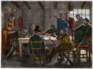 Sicilská mafie v 19. století: Výslech velkostatkáře zrušený sicilskými mafiány v roce 1873. Rytina z roku 1873. od French School