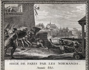Obležení Paříže Normany, rok 885. Rytina z „Figures de l