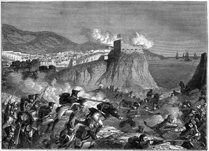 Obléhání Ragusy (Republika Ragusa) (Ragusa v chorvatském Dubrovníku) během napoleonských válek v květnu a červnu 1806 (dalmátské tažení generálem Molitorem a Lauristonem) - v „“Historie říše po historii konzulátu““ od Adolfa Thier od French School
