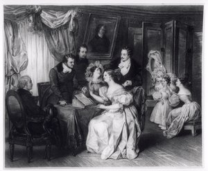 Podepsání manželské smlouvy v kanceláři právního zástupce, kolem roku 1840 od French School