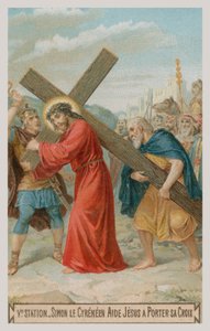 Šimon z Kyrény pomáhá Ježíšovi nést kříž. Pátá křížová cesta od French School
